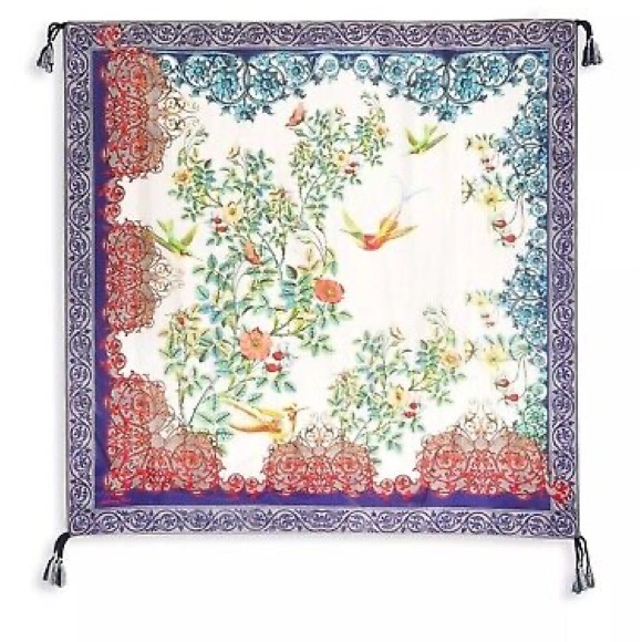 Johnny Was Accessories - Johnny‎ Was painterly hummingbird flower silk scarf tassel 44” square NWOT